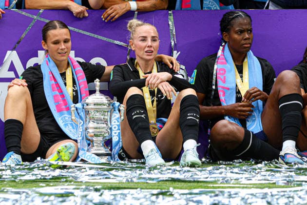 LONDON, ENGLAND - May 31: Kerstin Casparij, Alex Greenwood and Khadija Bunny Shaw of Manchester City celebrate the win during the Adobe Womens FA Cup Final match between Brighton and Hove Albion and Manchester City at Wembley Stadium, May 31 in London, England  Copyright: xNataliexMincher SPPx Sportspressphoto_SPR158026