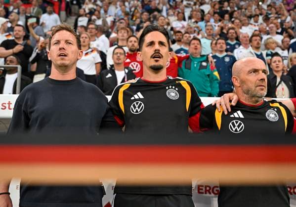 31 05 2026, Football friendly international match 3 match day, Germany Finland, in the Mewa Arena Mainz, from left coach Julian Nagelsmann Germany , co-coach Benjamin Hübner Germany and co-coach Alfred Schreuder Germany ,
