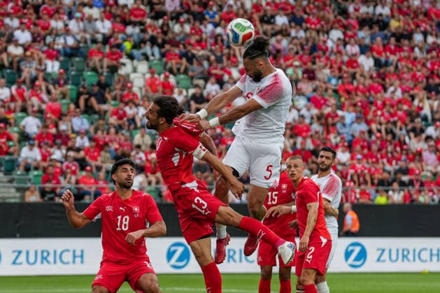 Soccer, International match Switzerland vs Jordan, Sunday, 31 05 2026 kybunpark, St Gallen Header duel Yazan Alarab 5, Jordan , Ricardo Rodriguez 13, Switzerland Copyright: xValentinxDomgjonix