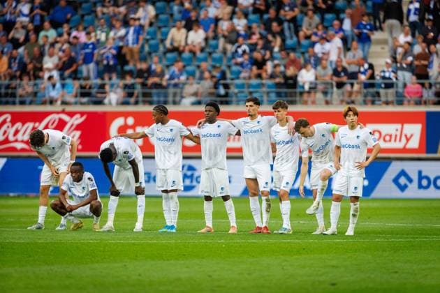 Genk s players pictured during a soccer match between KAA Gent and Racing Genk, Sunday 31 May 2026 in Gent, an European Play-off game of the 2025-2026 Jupiler Pro League first division of the Belgian championship. KURTxDESPLENTER  x175566599x
