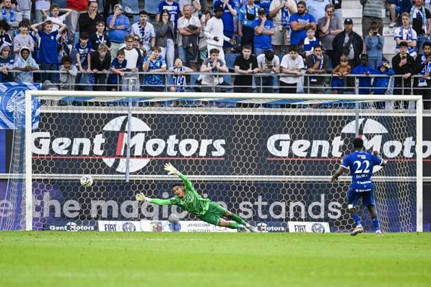 Gent s Leonardo Lopes scores a penalty during the penalty shootout at a soccer match between KAA Gent and Racing Genk, Sunday 31 May 2026 in Gent, an European Play-off game of the 2025-2026 Jupiler Pro League first division of the Belgian championship. TOM GOYVAERTS TomxGoyvaerts  x175567096x