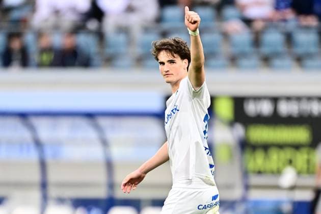 KAA Gent v KRC Genk - Jupiler Pro League Europe Play-Off Decider GENT, BELGIUM - MAY 31 : Sattlberger Nicolas midfielder of KRC Genk celebrates during the Jupiler Pro League Europe Play-Off decider match with the last European Conference League ticket at stake between KAA Gent and KRC Genk on May 31, 2026 in Gent, Belgium, 31 05 2026 Gent Belgium  Copyright: xPeterxDexVoechtx