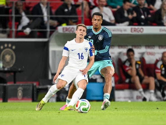 Anssi Suhonen Finland and Felix Nmecha Germany battle for the ball during the international friendly match between Germany and Finland at MEWA Arena on May 31, 2026 in Mainz, Germany Photo by Harry Langer DeFodi Images