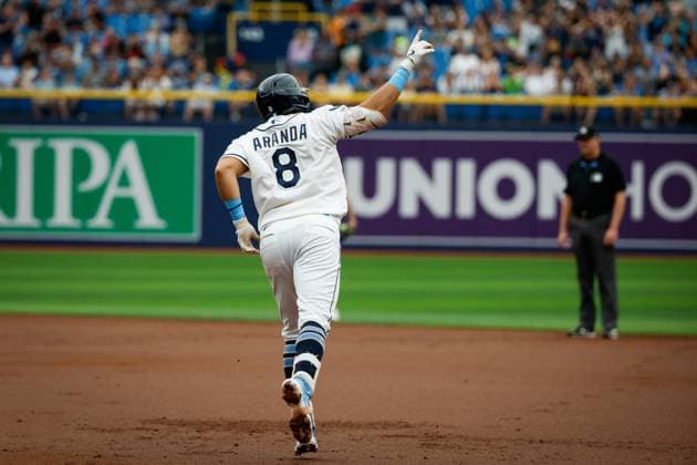 May 31, 2026, St. Petersburg, Florida, USA: Tampa Bay Rays first baseman Jonathan Aranda (8) celebrates, after he hits a solo homer off of Los Angeles Angels pitcher Jack Kochanowicz (41) during the first inning at Tropicana Field on Sunday, May 31, 2026, in St. Petersburg. St. Petersburg USA - ZUMAs70_ 20260531_zan_s70_014 Copyright: xJeffereexWoox