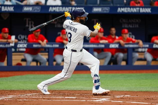 May 31, 2026, St. Petersburg, Florida, USA: Tampa Bay Rays third baseman Junior Caminero (13) hits a single off of Los Angeles Angels pitcher Jack Kochanowicz (41) during the first inning at Tropicana Field on Sunday, May 31, 2026, in St. Petersburg. St. Petersburg USA - ZUMAs70_ 20260531_zan_s70_018 Copyright: xJeffereexWoox