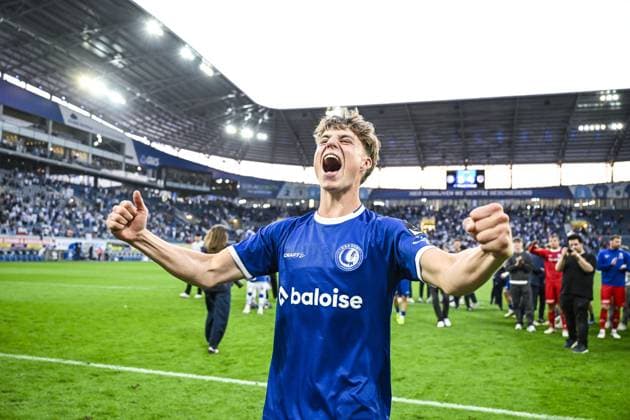 Gent s Tibe De Vlieger celebrates after winning a soccer match between KAA Gent and Racing Genk, Sunday 31 May 2026 in Gent, an European Play-off game of the 2025-2026 Jupiler Pro League first division of the Belgian championship. TOM GOYVAERTS TomxGoyvaerts  x175568208x