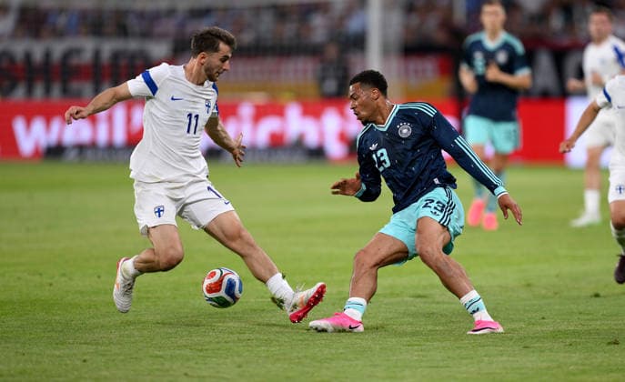 Football International Test match World Cup 2026 in Mainz Germany Finland 31 05 2026 Samuli Miettinen left, Finland vs Felix Nmecha right, Germany