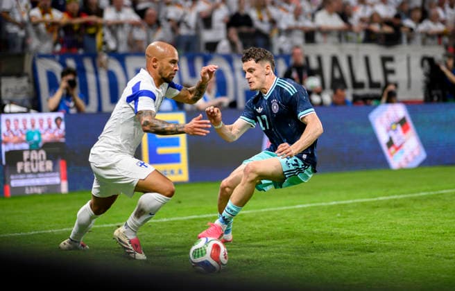 l r Nikolai Alho FIN , Florian Wirtz GER , action, duel international soccer match, Germany GER Finland FIN on 31 05 2026 in Mainz Germany Mewa Arena
