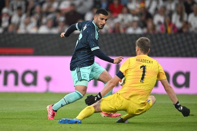 International soccer match Germany Finland on 31 05 2026 at the Mewa Arena in Mainz Deniz Undav Germany , back Lukas Hradecky Finland , front DFB regulations prohibit any use of photographs as image sequences and or quasi video xJKx