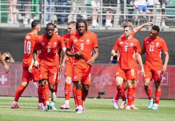 31 05 2026 Switzerland St Gallen Soccer 2026 Switzerland Jordan 4 1 Picture 6 Denis Zakaria,Johan Manzambi,Remo Freuler,Dan Endoye SUI Action