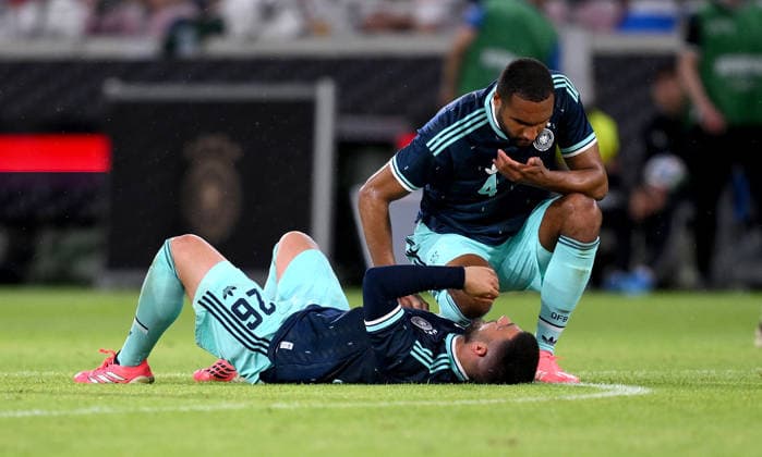 Football International Test match World Cup 2026 in Mainz Germany Finland 31 05 2026 Germany after the goal to 3 0, from left, goalkeeper Deniz Undav Injured thigh, with Jonathan Tah Germany