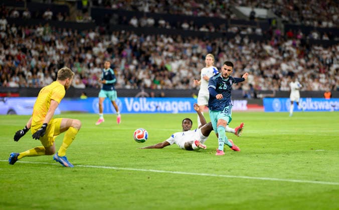 Deniz Undav GER scores the goal for 3 0, action, l r goalkeeper Lukas Hradecky FIN , Tony Miettinen FIN , Deniz Undav GER International soccer match, Germany GER Finland FIN on 31 05 2026 in Mainz Germany Mewa Arena