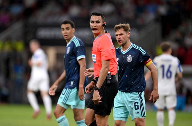 Football International Test match World Cup 2026 in Mainz Germany Finland 31 05 2026 Referee Matheus Delgado Candancan Brazil with Joshua Kimmich Germany