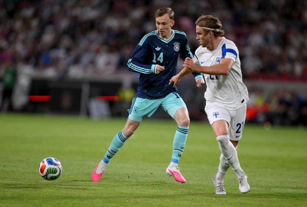 Football International Test match World Cup 2026 in Mainz Germany Finland 31 05 2026 Maximilian Beier left, Germany against Viller Koski right, Finland