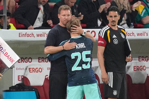 National coach Julian Nagelsmann Germany Germany with Lennart Karl Germany Germany after his substitution Mainz 31 05 2026 Germany vs Finland, friendly match, World Cup preparation, MEWA Arena Mainz