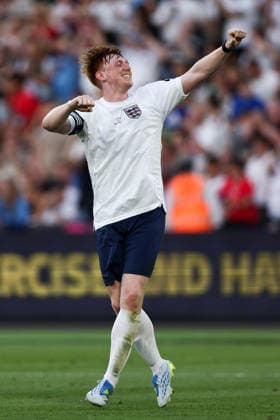 London, England, 31st May 2026. Morgan Burtwistle (AKA Angry Ginge) of England celebrates victory during the England vs Soccer Aid World XI UNICEF Soccer Aid match at the London Stadium, London. Picture credit should read: Jake Youle Sportimage EDITORIAL USE ONLY. No use with unauthorised audio, video, data, fixture lists, club league logos or live services. Online in-match use limited to 120 images, no video emulation. No use in betting, games or single club league player publications. SPI_053_England_World_XI SPI-4829-0052