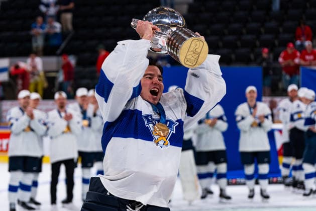 ZURICH, SWITZERLAND - MAY 31: Justus Annunen (Finland, 31) celebrating the Win of the Gold Medal during the Gold Medal Game - Match 64 between Switzerland and Finland at the IIHF Ice hockey, Eishockey World Championship, WM, Weltmeisterschaft 2026, Swiss Life Arena on May 31, 2026 in Zurich, Switzerland. Zurich Switzerland Copyright: xTimoxSteinx