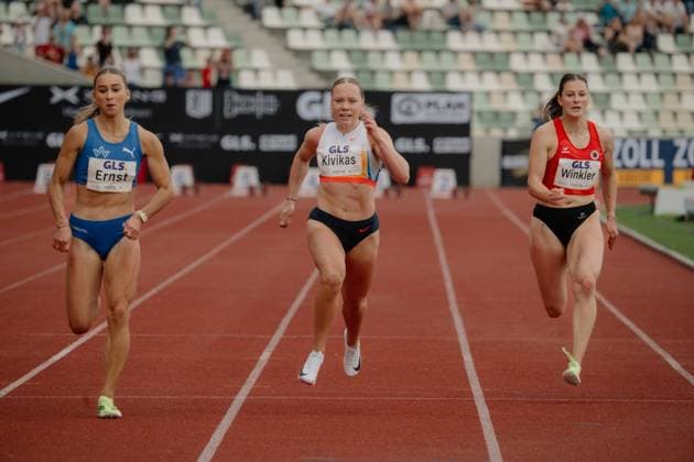 Jolina Ernst GER , Ann Marrii Kivikas EST and Pauline Winkler sprint side by side on the tartan track at full speed The starting numbers on the jerseys clearly show the names of the athletes Jolina Ernst, Ann Marrii Kivikas and Pauline Winkler in the 100 m sprint Copyright: xspeedshotx xBeatricexBauerx