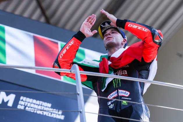 May 31, 2026, Scarperia E San Piero, Italy: Marco Bezzecchi of Italy and Aprilia Racing seen during MotoGP GP7 Brembo Grand Prix of Italy - Grand Prix Race Podium at Mugello Circuit Scarperia E San Piero Italy - ZUMAs197 20260531_aaa_s197_139 Copyright: xFabrizioxCarabellix