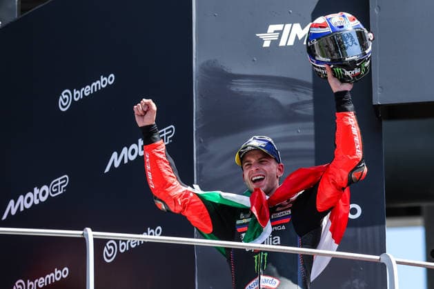 May 31, 2026, Scarperia E San Piero, Italy: Marco Bezzecchi of Italy and Aprilia Racing seen celebrating the victory in Grand Prix Race during MotoGP GP7 Brembo Grand Prix of Italy - Grand Prix Race Podium at Mugello Circuit. MotoGP GP7 Brembo Grand Prix Of Italy - Grand Prix Race Podium In Scarperia E San Piero, Italy - 31 MAY 2026.  - ZUMAs197 20260531_aaa_s197_111 Copyright: xFabrizioxCarabellix