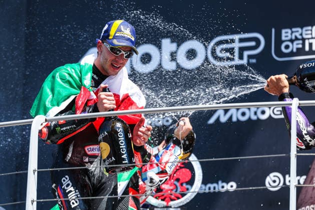 May 31, 2026, Scarperia E San Piero, Italy: Marco Bezzecchi of Italy and Aprilia Racing seen celebrating the victory in Grand Prix Race during MotoGP GP7 Brembo Grand Prix of Italy - Grand Prix Race Podium at Mugello Circuit Scarperia E San Piero Italy - ZUMAs197 20260531_aaa_s197_136 Copyright: xFabrizioxCarabellix