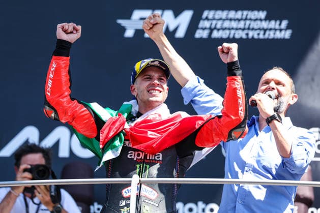 May 31, 2026, Scarperia E San Piero, Italy: Marco Bezzecchi of Italy and Aprilia Racing seen during MotoGP GP7 Brembo Grand Prix of Italy - Grand Prix Race Podium at Mugello Circuit Scarperia E San Piero Italy - ZUMAs197 20260531_aaa_s197_129 Copyright: xFabrizioxCarabellix