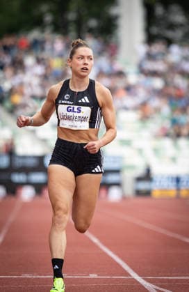 Goldenes Oval Dresden, 31 05 2026 On the finish line Gina Lückenkemper GER Germany in the 100m preliminary heat of the womens athletics meeting Goldenes Oval on 31 05 2026 at Heinz Steyer Stadium in Dresden Saxony Copyright: xBEAUTIFULxSPORTS R.xSchmittx