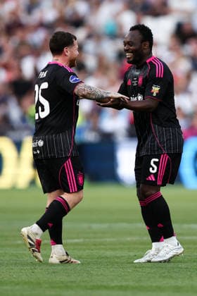 London, England, 31st May 2026. Michael Essien of World XI celebrates the fourth goal with Ethan Payne (AKA Behzinga) during the England vs Soccer Aid World XI UNICEF Soccer Aid match at the London Stadium, London. Picture credit should read: Jake Youle Sportimage EDITORIAL USE ONLY. No use with unauthorised audio, video, data, fixture lists, club league logos or live services. Online in-match use limited to 120 images, no video emulation. No use in betting, games or single club league player publications. SPI_061_England_World_XI SPI-4829-0060