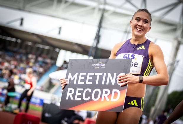 Goldenes Oval Dresden, 31 05 2026 Briefly held the meeting record after the womens 100m preliminary heat Rebekka Haase GER Germany Leichtathletik Meeting Goldenes Oval on 31 05 2026 at Heinz Steyer Stadium in Dresden Saxony Copyright: xBEAUTIFULxSPORTS R.xSchmittx