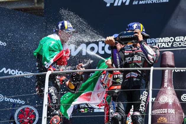 May 31, 2026, Scarperia E San Piero, Italy: Marco Bezzecchi of Italy and Aprilia Racing seen celebrating the victory in Grand Prix Race during MotoGP GP7 Brembo Grand Prix of Italy - Grand Prix Race Podium at Mugello Circuit Scarperia E San Piero Italy - ZUMAs197 20260531_aaa_s197_130 Copyright: xFabrizioxCarabellix