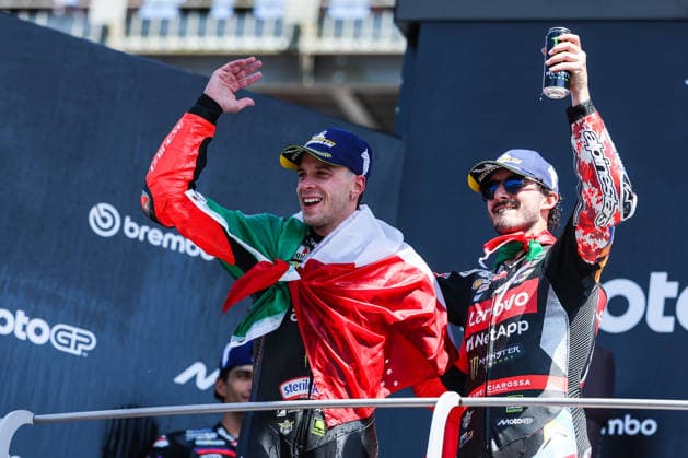 May 31, 2026, Scarperia E San Piero, Italy: Marco Bezzecchi of Italy and Aprilia Racing, Francesco Pecco Bagnaia of Italy and Ducati Lenovo Team seen celebrating during MotoGP GP7 Brembo Grand Prix of Italy - Grand Prix Race Podium at Mugello Circuit. Scarperia E San Piero Italy - ZUMAs197 20260531_aaa_s197_121 Copyright: xFabrizioxCarabellix