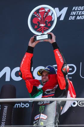 May 31, 2026, Scarperia E San Piero, Italy: Marco Bezzecchi of Italy and Aprilia Racing seen celebrating the victory in Grand Prix Race during MotoGP GP7 Brembo Grand Prix of Italy - Grand Prix Race Podium at Mugello Circuit Scarperia E San Piero Italy - ZUMAs197 20260531_aaa_s197_115 Copyright: xFabrizioxCarabellix