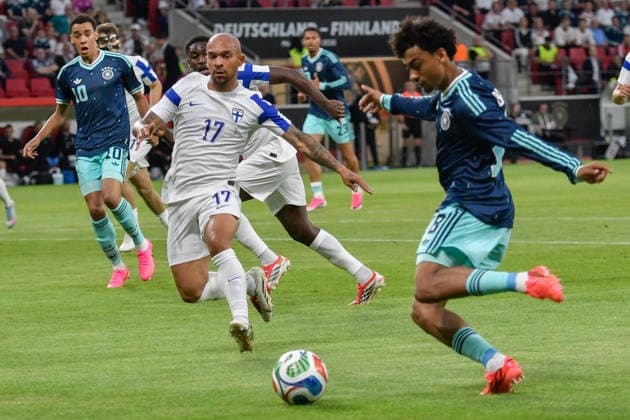 from left in duel Nikolai Alho Finland 17 Nathaniel Brown Germany 18 31 05 2026 ¢ Soccer ¢ World Cup Test ¢ Germany vs Finland, MEWA Arena, Mainz, Rheinland Pfalz Germany Copyright: xpepphotox xSaschaxWeizx pep00321, pep_20260531_hm_1044