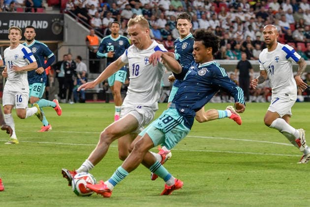 from left in duel Topi Keskinen Finland 18 Nathaniel Brown Germany 18 31 05 2026 ¢ Soccer ¢ World Cup Test ¢ Germany vs Finland, MEWA Arena, Mainz, Rheinland Pfalz Germany Copyright: xpepphotox xSaschaxWeizx pep00321, pep_20260531_hm_1142