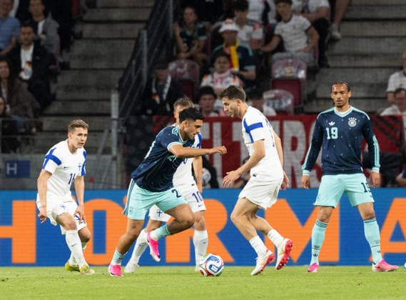 Football, men, season 2025 2025, international match in Mainz, Germany Finland, from l Anssi Suhonen Finland , Nadiem Amiri Germany , far right Leroy Sane Germany , 31 05 2026, Copyright: xMatthiasxKochx