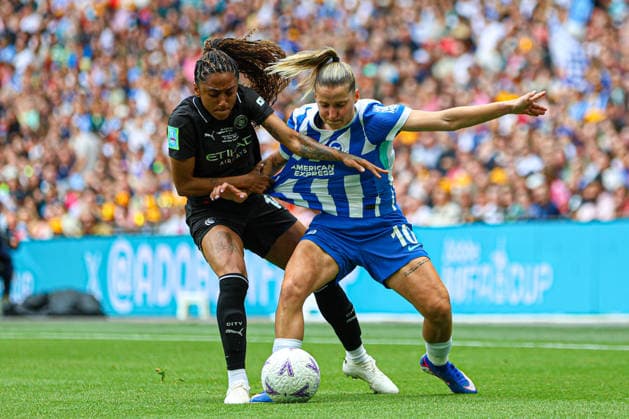 LONDON, ENGLAND - May 31: Kerolin Nicoli of Manchester City and Jelena Cankovic of Brighton and Hove Albion battle for the ball during the Adobe Womens FA Cup Final match between Brighton and Hove Albion and Manchester City at Wembley Stadium, May 31 in London, England  Copyright: xNataliexMincher SPPx Sportspressphoto_SPR158768