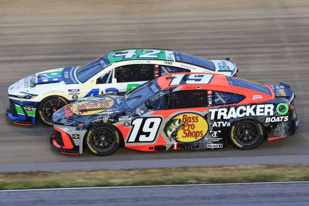NASHVILLE, TN - MAY 31: Chase Briscoe ( 19 Joe Gibbs Racing Bass Pro Shops Toyota) races with John Hunter Nemecheck ( 42 Legacy Motor Club Pye Barker Fire & Safety Toyota) into turn 3 during the running of the NASCAR, Motorsport, USA Cup Series Cracker Barrel 400 on May 31, 2026 at Nashville Superspeedway in Lebanon, TN. (Photo by Jeff Robinson Icon Sportswire) AUTO: MAY 31 NASCAR Cup Series Cracker Barrel 400 EDITORIAL USE ONLY Icon26053120658400
