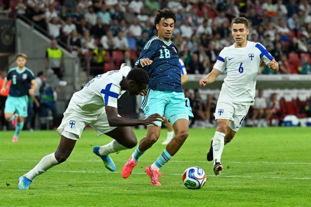 (260601) -- MAINZ, June 1, 2026 -- Nathaniel Brown (C) of Germany vies with Ryan Mahuta (L) of Finland during an International Friendly, Länderspiel, Nationalmannschaft football match between Germany and Finland in Mainz, Germany, May 31, 2026. (Photo by Xinhua) (SP)GERMANY-MAINZ-FOOTBALL-FRIENDLY-GERMANY VS FINLAND UlrichxHufnagel 