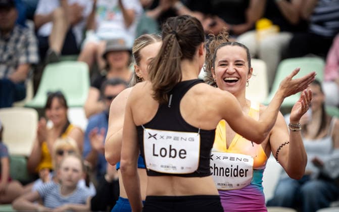 Golden Oval Dresden, 31 05 2026 Exuberant joy for hurdler Rosina Schneider GER Germany Athletics Meeting Golden Oval on 31 05 2026 at the Heinz Steyer Stadium in Dresden Saxony Copyright: xBEAUTIFULxSPORTS R.xSchmittx