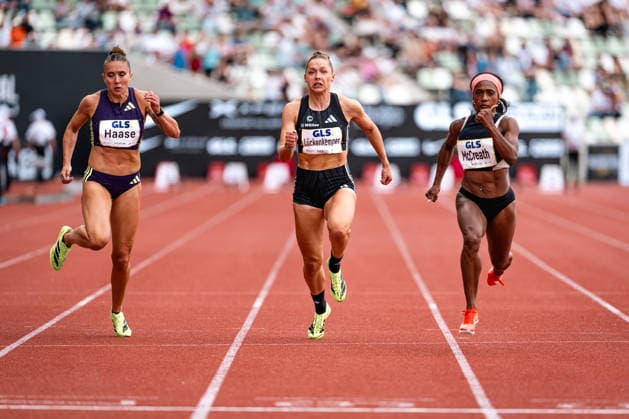 Rebekka Haase (Sprintteam Wetzlar), Gina Lückenkemper (SCC Berlin) and Sade McCreath (CAN) right in front oft the finish line in the 100 m final Goldenes Oval Dresden, Track and Field, 2026, 31.05.2026 Copyright: xFootxBowl PatrickxKlixx