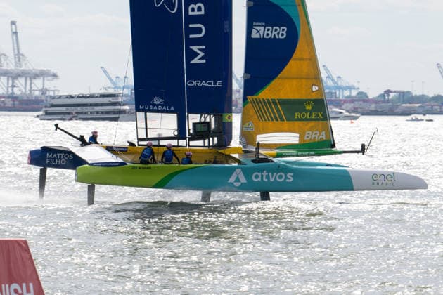 2026 Rolex SailGP Championship Mubadala New York Sail Grand Prix - Day 2, USA - 31 May 2026 Team Mubadala Brazil SailGP boat competes in Race 2 during Day 2 of the Mubadala New York Sail Grand Prix at New York Harbor. New York United States Copyright: xRonxAdarx xSOPAxImagesx _radar_sailgp_20260531_02171