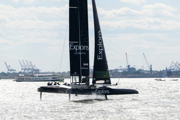 2026 Rolex SailGP Championship Mubadala New York Sail Grand Prix - Day 2, USA - 31 May 2026 Team Explora Journeys Swiss SailGP boat competes in Race 2 during Day 2 of the Mubadala New York Sail Grand Prix at New York Harbor. New York United States Copyright: xRonxAdarx xSOPAxImagesx _radar_sailgp_20260531_02215