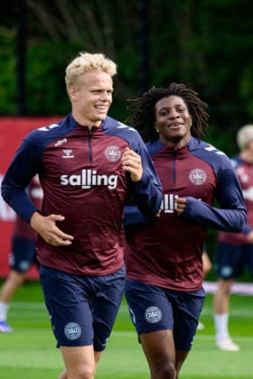 Denmark training before test matches, Helsingor, Denmark Helsingor, Denmark. 31st. May, 2026. Oliver Provstgaard (L) and Patrick Dorgu (R) of Denmark seen during a training session in Elsinore before two upcoming test matches. Denmark, Helsingor  Copyright: xGonzalesxPhoto DennisxJacobsenx