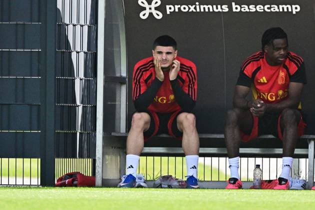 Belgium s Matias Fernandez-Pardo and Belgium s Nathan Ngoy pictured during a training session of Belgian national soccer team Red Devils, at the Proximus Basecamp in Tubize, on Monday 01 June 2026. The Red Devils are playing a friendly game in Croatia tomorrow, part of the preparations for the 2026 FIFA World Cup, WM, Weltmeisterschaft, Fussball DIRKxWAEM  x175602123x