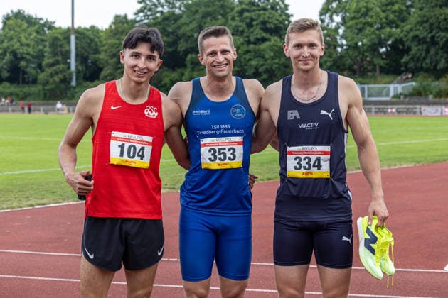 Hessian Championships Active Darmstadt, 31 05 2026 200m medal winners, from left to right Maximilian Grün ASC Darmstadt , Lars Hieronymi TSV 1885 Friedberg Fauerbach e V and Finn Kohlenbach Frankfurt Athletics Hessian Championships Active in the Bürgerparkstadion in Darmstadt on 31 05 2026, Hesse Copyright: xBEAUTIFULxSPORTS KJPetersx