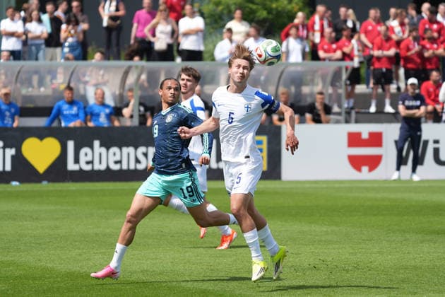 Tenho Finland clears against Leroy Sane Germany Germany Frankfurt 01 06 2026 German national team bids farewell to Germany with public training session