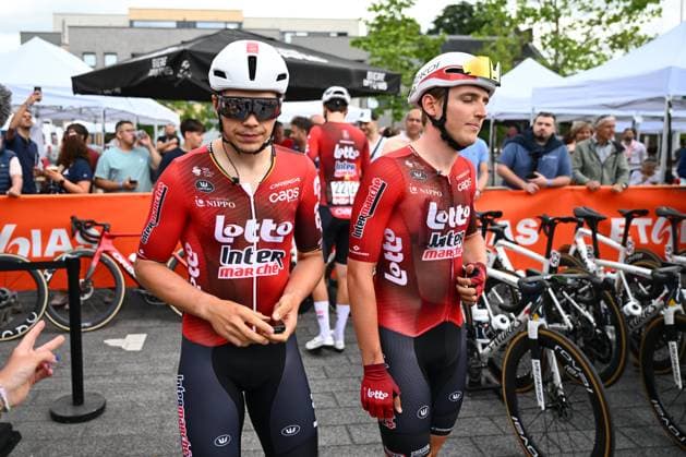 Tour de Wallonie 2026 Stage 1 LOBBES, BELGIUM - JUNE 01 : De Lie Arnaud (BEL) of Lotto Intermarche and Orins Robin (BEL) of Lotto Intermarche pictured during stage 1 of the 47th edition of Ethias Tour de Wallonie an UCI ProSeries 2.Pro cycling road race stage for Men Elite of 180.7 km with start in Manage and finish in Lobbes on June 1, 2026 in Lobbes, Belgium, 01 06 2026 ( Motordriver Pieter Van Herzele - Lobbes Belgium  Copyright: xVincentxKalutx