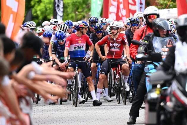 Tour de Wallonie 2026 Stage 1 LOBBES, BELGIUM - JUNE 01 : Van Poppel Danny (NED) of Red Bull - BORA - Hansgrohe and De Lie Arnaud (BEL) of Lotto Intermarche pictured at the start of stage 1 of the 47th edition of Ethias Tour de Wallonie an UCI ProSeries 2.Pro cycling road race stage for Men Elite of 180.7 km with start in Manage and finish in Lobbes on June 1, 2026 in Lobbes, Belgium, 01 06 2026 ( Motordriver Pieter Van Herzele - Lobbes Belgium  Copyright: xVincentxKalutx