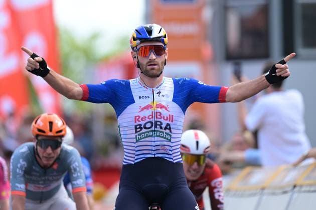 Red Bull-BORA-hansgrohe rider celebrates as he wins the first stage of the Tour De Wallonie cycling race, 180,7 km from Manage to Lobbes, on Monday 01 June 2026. DAVIDxPINTENS  x175643617x