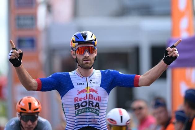 Red Bull-BORA-hansgrohe rider celebrates as he wins the first stage of the Tour De Wallonie cycling race, 180,7 km from Manage to Lobbes, on Monday 01 June 2026. DAVIDxPINTENS  x175643618x